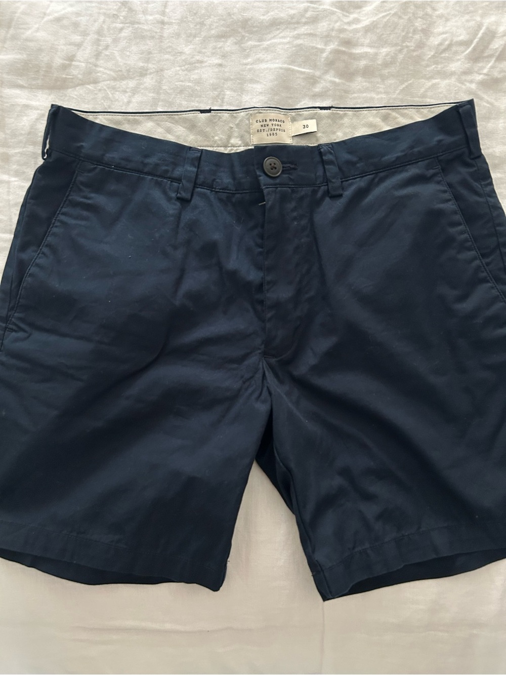 Club Monaco Navy Flat-Front Cotton Shorts
